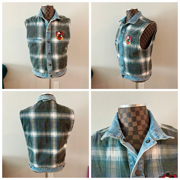 Mickey Mouse Inc World Travelers REVERSIBLE Denim Vest Mens Medium Plaid Vtg 90s - Picture 3 of 13